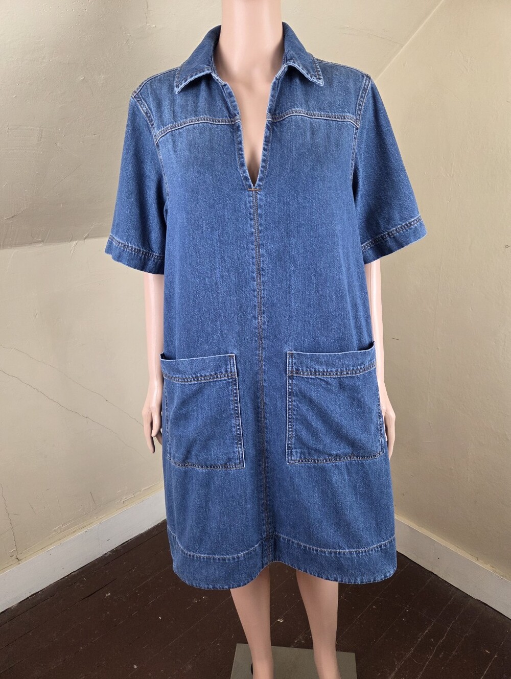 ME+EM Denim Swing Shirt Dress Blue Cotton Pockets A-Line Relaxed Size US 6 EU 38 - Picture 5 of 14